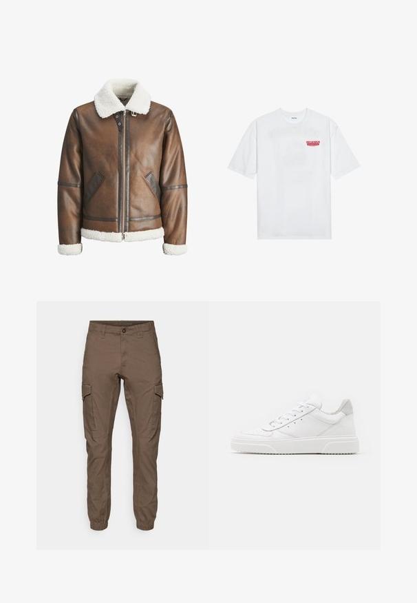 Brūna ādas bumbieru mēteli ar baltu kažokādas apkakli un aprocēm, izceļas ar rāvējslēdzēju un sānu kabatām. Akcentēts ar ādas apdari.; Balta kokvilnas T-kreklu ar īsām piedurknēm, apaļu kakla izgriezumu un sarkanu grafisku tekstu "GARDI ATSPIRDZINOŠI AUGĻI" priekšpusē.; Kraukļu bikses tumši brūnā krāsā, izgatavotas no izturīga materiāla. Aprīkotas ar elastīgiem piedurkņu galiem, sānu kabatām un priekšējo pogu aizdari.; Baltie ādas sporta apavi ar gludu virsmu, noapaļotu purngalu, plakaniem šņorēm un reljefa zoli. Pelēks zamšādas akcenti pie papēža.