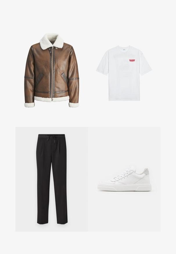 Jaqueta bomber de couro castanho com um colarinho e punhos de lã branca, apresentando fecho de zip e bolsos laterais. Acentuada com detalhes em couro.; T-shirt branca de algodão com mangas curtas, decote redondo e um gráfico vermelho com o texto "FRUTA DELICIOSA E REFRESCANTE" na frente.; Calças pretas com cintura ajustável por cordão, apresentando dois pregas frontais, design de perna reta, sem padrões visíveis ou detalhes em metal.; Ténis brancos em pele com acabamento suave, biqueira arredondada, atacadores planos e sola texturizada. Acento em camurça cinza na parte do calcanhar.