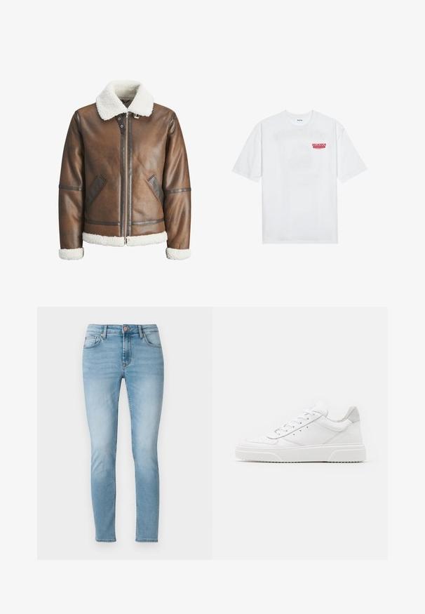 Brūna ādas bumbieru mēteli ar baltu kažokādas apkakli un aprocēm, izceļas ar rāvējslēdzēju un sānu kabatām. Akcentēts ar ādas apdari.; Balta kokvilnas T-kreklu ar īsām piedurknēm, apaļu kakla izgriezumu un sarkanu grafisku tekstu "GARDI ATSPIRDZINOŠI AUGĻI" priekšpusē.; Gai zili džinsi, kas izgatavoti no denima, ar vidēju jostasvietu, piecām kabatām un vieglu izbalējumu uz augšstilbiem. Pogas aizdare jostasvietā.; Baltie ādas sporta apavi ar gludu virsmu, noapaļotu purngalu, plakaniem šņorēm un reljefa zoli. Pelēks zamšādas akcenti pie papēža.