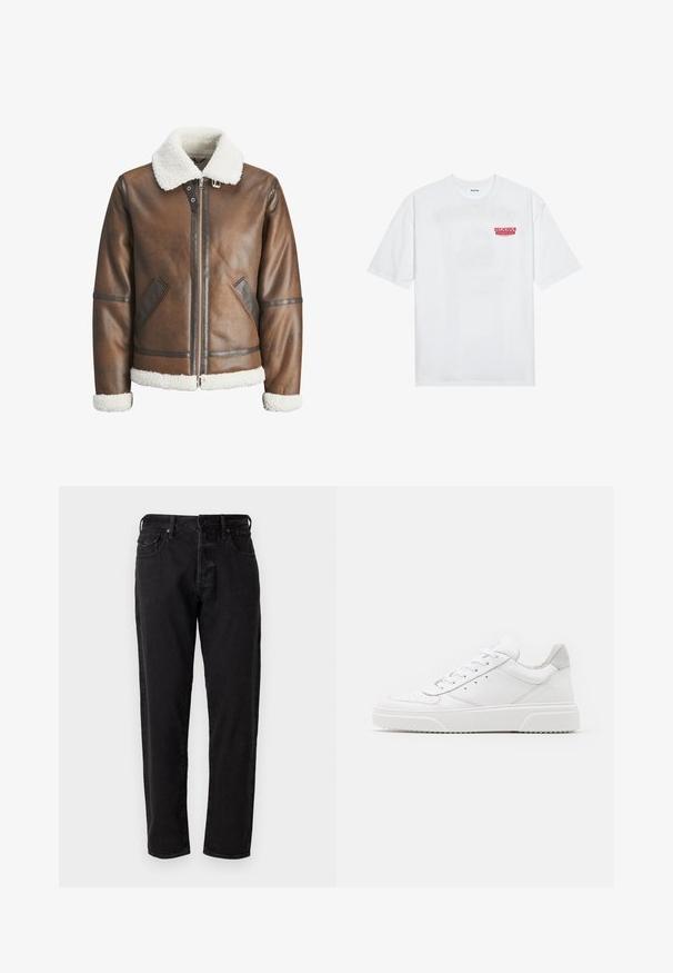 Barna bőr bombázó dzseki fehér báránybőr gallérral és mandzsettával, cipzáras záródással és oldalsó zsebekkel. Bőrkivágással kiemelve.; Fehér pamut póló, rövid ujjakkal, kerek nyakkal, elöl piros grafikus felirattal: "ÍZLETES FRESKÉLŐ GYÜMÖLCS".; Fekete farmernadrág egyenes szabással, öt zsebbel és fémből készült gombos záródással. Anyaga puha tapintású, minimális fakulással.; Fehér bőr sportcipő sima felülettel, kerek orral, lapos fűzőkkel és textúrált talppal. Szürke velúr díszítés a saroknál.