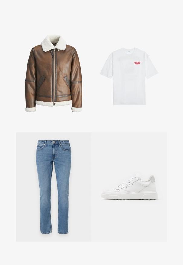 Hnedá kožená bomber bunda s bielym ovčím golierom a manžetami, so zipsom a bočnými vreckami. Ozdobená koženými lemami.; Biele bavlnené tričko s krátkymi rukávmi, okrúhlym výstrihom a červeným grafickým textom "CHUTNÉ OSVIEŽUJÚCE OVOCIE" na prednej strane.; Modré rovné džínsy s prednými vreckami, pútkami na opasok a gombíkovým zapínaním.; Biele kožené tenisky s hladkým povrchom, zaoblenou špičkou, plochými šnúrkami a textúrovanou podrážkou. Sivý semišový akcent na päte.