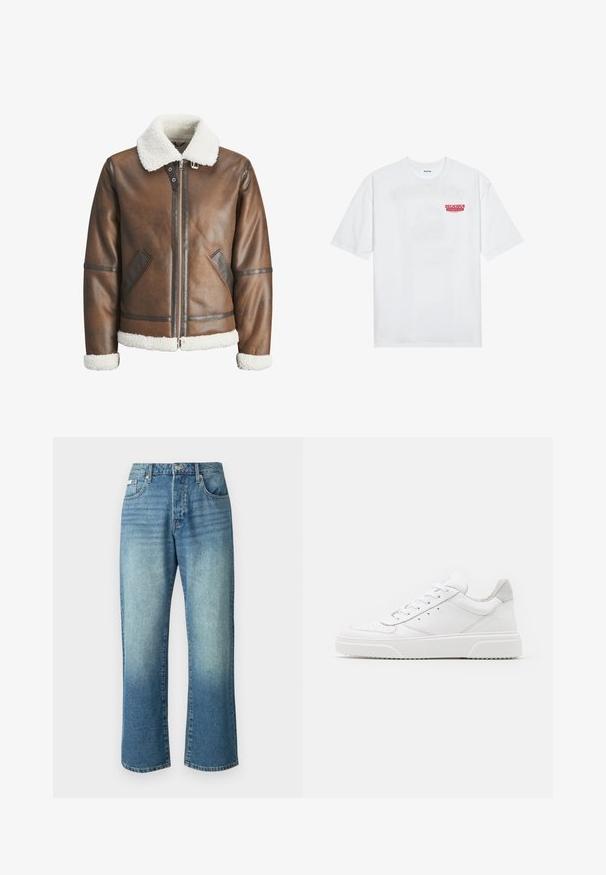 Hnedá kožená bomber bunda s bielym ovčím golierom a manžetami, so zipsom a bočnými vreckami. Ozdobená koženými lemami.; Biele bavlnené tričko s krátkymi rukávmi, okrúhlym výstrihom a červeným grafickým textom "CHUTNÉ OSVIEŽUJÚCE OVOCIE" na prednej strane.; Svetlomodré džínsy so štandardným strihom, piatimi vreckami, predným zapínaním na gombík a jemným vyblednutím po celom materiáli.; Biele kožené tenisky s hladkým povrchom, zaoblenou špičkou, plochými šnúrkami a textúrovanou podrážkou. Sivý semišový akcent na päte.
