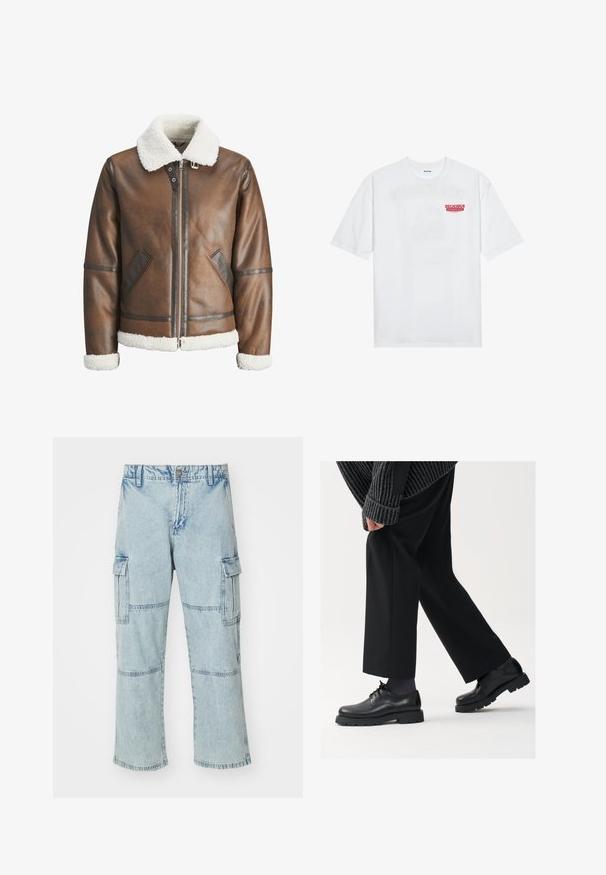 Rjav usnjeni bomberski jopič z belim ovčjim krznom na ovratniku in manšetah, z zadrgo in stranskima žepoma. Okrašen z usnjenimi detajli.; Bela bomba majica iz bombaža z kratkimi rokavi, krožno ovratnikom in rdečim grafičnim besedilom "OKUSNO OSVEŽILNO SADJE" na sprednji strani.; Svijetloplave traper cargo hlače s opuštenim krojem, imaju dva bočna džepa i detalje na koljenima. Sadrže zatvarač i metalni gumb za zatvaranje.; Črne usnjene čEvlje s zaobljenim nosom, zavezovanjem in debelim, teksturiranim podplatom. Obute z urejenimi črnimi hlačami in rebrastim puloverjem.