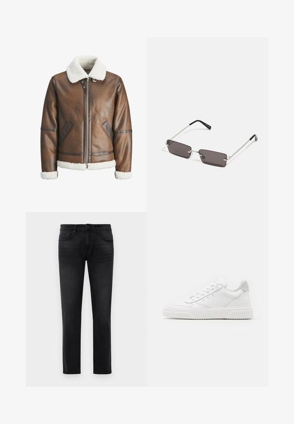 Giacca bomber in pelle marrone con colletto e polsini in shearling bianco, dotata di chiusura con zip e tasche laterali. Accentuata con finiture in pelle.; T-shirt bianco in cotone con maniche corte, collo rotondo e una grafica rossa con il testo "FRUTTA DELIZIOSA E RINFRESCANTE" sul davanti.; Jeans neri slim-fit con cinque tasche, passanti per cintura e chiusura a bottone, disposti piatti su uno sfondo bianco.; Sneaker bianche in pelle con finitura liscia, punta arrotondata, lacci piatti e suola texturizzata. Accento in suede grigio sul tallone.; Occhiali da sole con lenti rettangolari di colore grigio scuro, montatura in metallo argentato e punte nere in plastica sulle asticelle. Design leggero con cuscinetti per il naso.