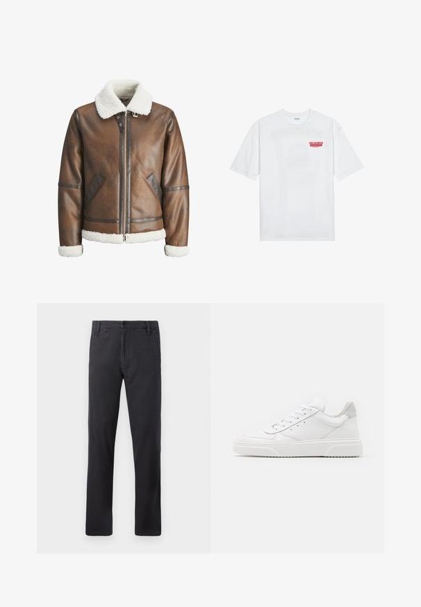 Brun skinn bomberjakke med hvit shearlingkrage og mansjetter, med glidelås foran og sidelommer. Akzentert med skinnkanter.; Hvit bomull t-skjorte med korte ermer, rund hals og en rød grafisk tekst "DELICIOUS REFRESHING FRUIT" foran.; Sorte rett ben bukser med sidelommer, front knappelukking og beltehemper på hvit bakgrunn.; Hvite skinnsko med en glat overflate, rund tå, flate lisser og teksturert såle. Grå semsket innfelt ved hælen.