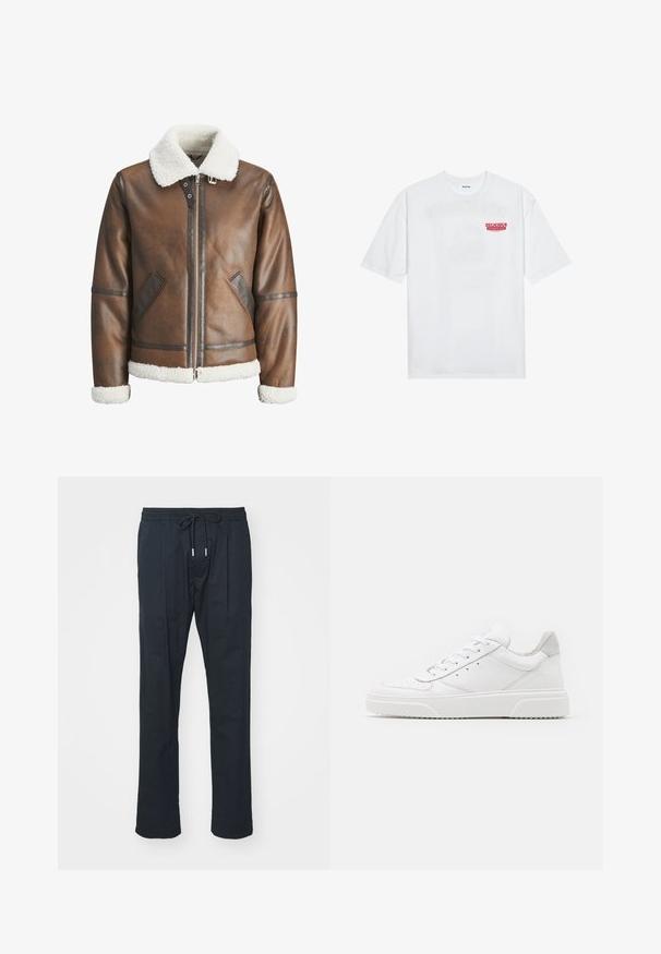 Rudas odinė bomberio striukė su balta avikailio apykakle ir rankovėmis, su užtrauktuku ir šoninėmis kišenėmis. Papuošta odiniais akcentais.; Balta medvilninė marškinėliai su trumpomis rankovėmis, apvaliu iškirpimu ir raudonu grafiniu tekstu "SKANI PAŽADINTI VAIŠIUS" priekyje.; Juodos kelnės su elastinga juosmeniu ir raiščiu, kad būtų galima reguliuoti dydį. Tiesaus kirpimo dizainas ir lengva medžiaga. Nėra matomų raštų.; Balti odiniai sportbačiai su lygiu paviršiumi, apvaliu pirštu, plokščiomis raištelėmis ir struktūrizuota padu. Pilko zimšo akcentas ant kulno.