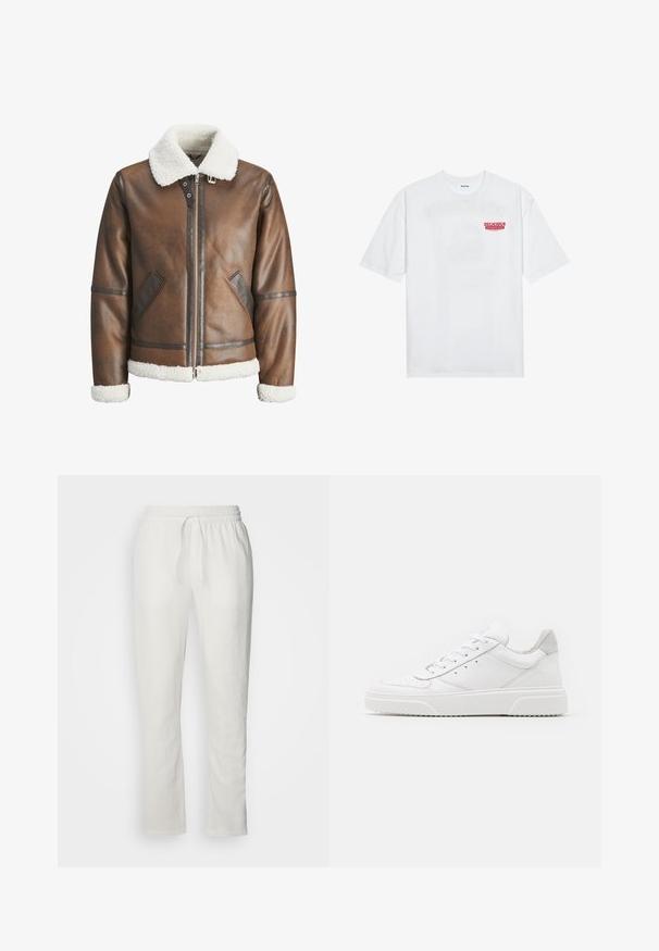 Veste bombardier en cuir marron avec un col et des poignets en shearling blanc, équipée d'une fermeture éclair et de poches latérales. Accentuée de garnitures en cuir.; T-shirt en coton blanc avec des manches courtes, col rond et un texte graphique rouge "FRUIT RAFRAÎCHISSANT DÉLICIEUX" à l'avant.; Les Deux PATRICK PANTS - Pantalon classique - white; Des baskets en cuir blanc avec une finition lisse, un bout rond, des lacets plats et une semelle texturée. Accents en daim gris au niveau du talon.