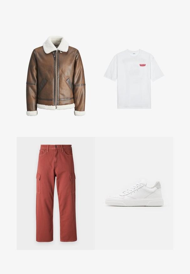 Rjav usnjeni bomberski jopič z belim ovčjim krznom na ovratniku in manšetah, z zadrgo in stranskima žepoma. Okrašen z usnjenimi detajli.; Bela bomba majica iz bombaža z kratkimi rokavi, krožno ovratnikom in rdečim grafičnim besedilom "OKUSNO OSVEŽILNO SADJE" na sprednji strani.; Cargo hlače v rjavkasto-rdeči barvi, narejene iz trpežne tkanine, z stranskimi žepi, ravnimi hlačnicami in vidnimi šivi.; Bele usnjene športne copate z gladkim zaključkom, okroglo konico, ravnimi vezalkami in teksturiranim podplatom. Sivi semiš detajl na peti.