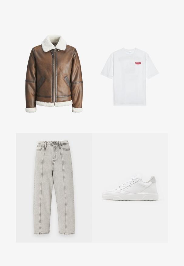 Brązowa skórzana kurtka bomber z białym kołnierzem i mankietami z owczej wełny, z zamkiem błyskawicznym z przodu i bocznymi kieszeniami. Podkreślona skórzanym wykończeniem.; Biała bawełniana koszulka z krótkim rękawem, okrągłym dekoltem i czerwonym napisem graficznym "PYSZNY ODŚWIEŻAJĄCY OWOC" na przodzie.; Szare dżinsy z wysokim stanem o luźnym kroju, z prostą nogawką, widocznymi szwami i postarzanym wyglądem.; Białe skórzane trampki o gładkim wykończeniu, zaokrąglonym nosku, płaskich sznurówkach i teksturowanej podeszwie. Szary zamszowy akcent na pięcie.