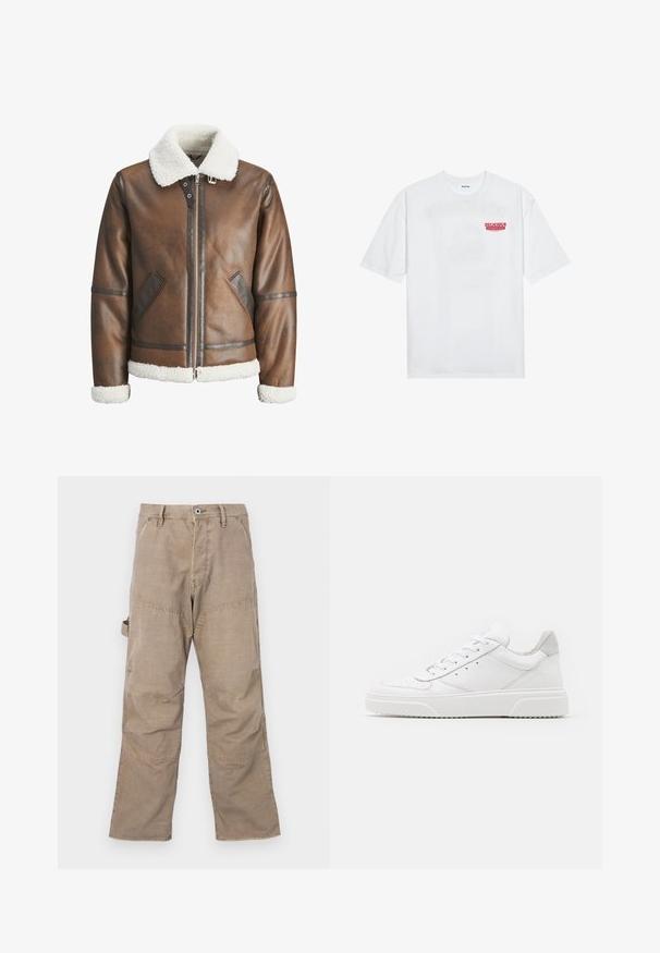 Pruun nahk bomber-jakk valge kitsesoomuse krae ja mansettidega, millel on tõmblukk ja küljetaskud. Tootel on nahast äärised.; Valge puuvillane T-särk, millel on lühikesed varrukad, ümmargune kaelus ja esiküljel punane graafiline tekst "MAITSVA KONDISIOONIGA PUUVILI".; pruunid cargo püksid nähtava õmblusega, laiad sääred ja neli taskut. Valmistatud vastupidavast kangast, millel on kerge tekstuur ja nööbiga sulgemine.; Valged nahast spordijalatsid siledast nahast viimistlusega, ümarate varvastega, lamekestega ja tekstuuriga tallaga. Hall suede aktsent kanna juures.