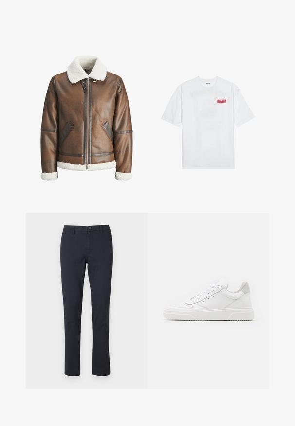 Brun læderbomberjakke med en hvid skindkrave og manchetter, udstyret med lynlåslukning og sidelommer. Pyntet med læderkant.; Hvid bomulds t-shirt med korte ærmer, rund hals og rød grafisk tekst "DELICIOUS REFRESHING FRUIT" på forsiden.; Sorte bomuldsbukser med lige ben, knaplukning og sidelommer; glat tekstur uden synlige mønstre.; Hvide lædersneakers med en glat finish, rund tå, flade snørebånd og en struktureret sål. Grå ruskindsdetalje ved hælen.
