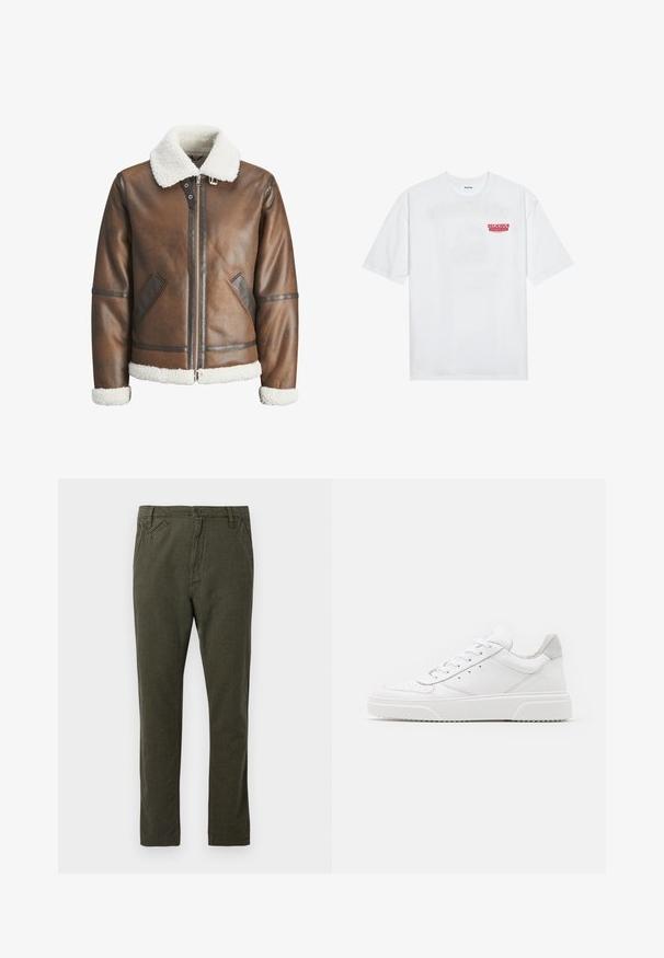 Jaqueta bomber de couro castanho com um colarinho e punhos de lã branca, apresentando fecho de zip e bolsos laterais. Acentuada com detalhes em couro.; T-shirt branca de algodão com mangas curtas, decote redondo e um gráfico vermelho com o texto "FRUTA DELICIOSA E REFRESCANTE" na frente.; Calças chino retas em verde olivo escuro com fecho frontal em botão e zip, bolsos laterais e pequenos bolsos frontais angulados.; Ténis brancos em pele com acabamento suave, biqueira arredondada, atacadores planos e sola texturizada. Acento em camurça cinza na parte do calcanhar.