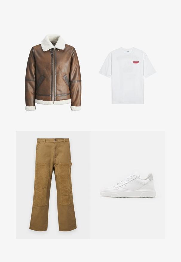 Rjav usnjeni bomberski jopič z belim ovčjim krznom na ovratniku in manšetah, z zadrgo in stranskima žepoma. Okrašen z usnjenimi detajli.; Bela bomba majica iz bombaža z kratkimi rokavi, krožno ovratnikom in rdečim grafičnim besedilom "OKUSNO OSVEŽILNO SADJE" na sprednji strani.; Cargo hlače iz rjavega bombaža z naglašenimi žepi iz ribane tkanine, ravna kroja, pet žepov in gumbnim zapiranjem.; Bele usnjene športne copate z gladkim zaključkom, okroglo konico, ravnimi vezalkami in teksturiranim podplatom. Sivi semiš detajl na peti.