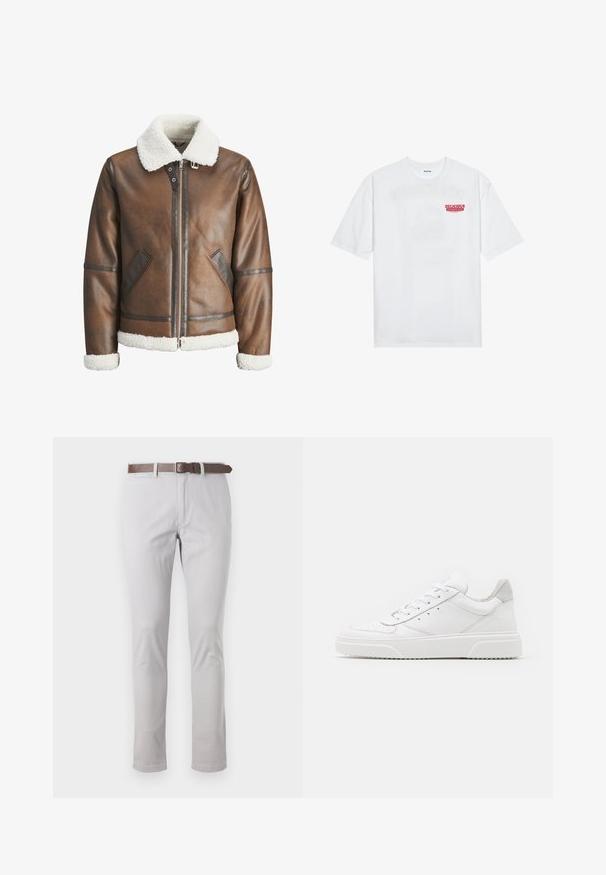 Rudas odinė bomberio striukė su balta avikailio apykakle ir rankovėmis, su užtrauktuku ir šoninėmis kišenėmis. Papuošta odiniais akcentais.; Balta medvilninė marškinėliai su trumpomis rankovėmis, apvaliu iškirpimu ir raudonu grafiniu tekstu "SKANI PAŽADINTI VAIŠIUS" priekyje.; Šviesiai pilkos, lieknos medvilnės kelnės. Papildomos detalės: rudas odinis diržas ir minimalūs siuvimo elementai šonuose.; Balti odiniai sportbačiai su lygiu paviršiumi, apvaliu pirštu, plokščiomis raištelėmis ir struktūrizuota padu. Pilko zimšo akcentas ant kulno.