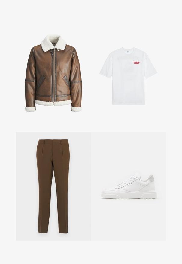 Veste bombardier en cuir marron avec un col et des poignets en shearling blanc, équipée d'une fermeture éclair et de poches latérales. Accentuée de garnitures en cuir.; T-shirt en coton blanc avec des manches courtes, col rond et un texte graphique rouge "FRUIT RAFRAÎCHISSANT DÉLICIEUX" à l'avant.; Pantalons marron sur mesure avec une texture lisse, dotés de deux plis avant, de jambes droites et de passants de ceinture. Design épuré et minimaliste.; Des baskets en cuir blanc avec une finition lisse, un bout rond, des lacets plats et une semelle texturée. Accents en daim gris au niveau du talon.