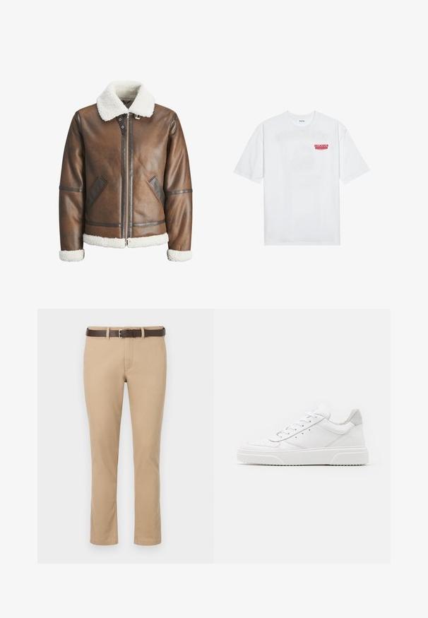 Hnědá kožená bomber bunda s bílým beránkovým límcem a manžetami, s zipovým zapínáním a bočními kapsami. Ozdobena koženými detaily.; Bílý bavlněný tričko s krátkým rukávem a kulatým výstřihem, na přední straně s červeným grafickým textem "VYNIKAJÍCÍ OSVĚŽUJÍCÍ OVOCNÝ".; Khaki kalhoty se rovnými nohavicemi, vyrobené z bavlny, s hnědým koženým opaskem se stříbrnou sponou. Hladký povrch, bez vzorů.; Bílé kožené tenisky s hladkým povrchem, zaoblenou špičkou, plochými tkaničkami a texturovanou podrážkou. Šedý semišový detail na patě.