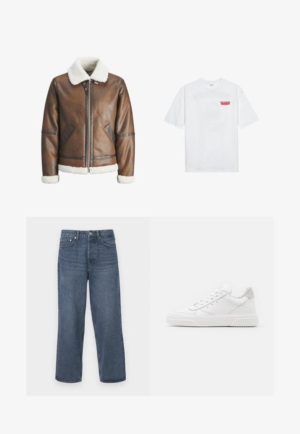 Rudas odinė bomberio striukė su balta avikailio apykakle ir rankovėmis, su užtrauktuku ir šoninėmis kišenėmis. Papuošta odiniais akcentais.; Balta medvilninė marškinėliai su trumpomis rankovėmis, apvaliu iškirpimu ir raudonu grafiniu tekstu "SKANI PAŽADINTI VAIŠIUS" priekyje.; Tamsiai mėlyni džinsai su tiesiapjuosčio dizainu, penkiomis kišenėmis ir mygtuko uždarymu. Yra šiek tiek blukimo ir klasikinis kirpimas.; Balti odiniai sportbačiai su lygiu paviršiumi, apvaliu pirštu, plokščiomis raištelėmis ir struktūrizuota padu. Pilko zimšo akcentas ant kulno.