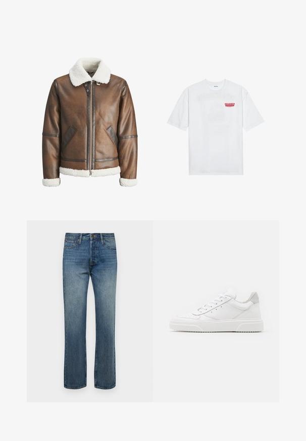 Pruun nahk bomber-jakk valge kitsesoomuse krae ja mansettidega, millel on tõmblukk ja küljetaskud. Tootel on nahast äärised.; Valge puuvillane T-särk, millel on lühikesed varrukad, ümmargune kaelus ja esiküljel punane graafiline tekst "MAITSVA KONDISIOONIGA PUUVILI".; Meeste sinised teksapüksid sirge säärega, millel on ühe nupuga sulgus, ees olevad taskud ja kerge kulutatud tekstuur.; Valged nahast spordijalatsid siledast nahast viimistlusega, ümarate varvastega, lamekestega ja tekstuuriga tallaga. Hall suede aktsent kanna juures.