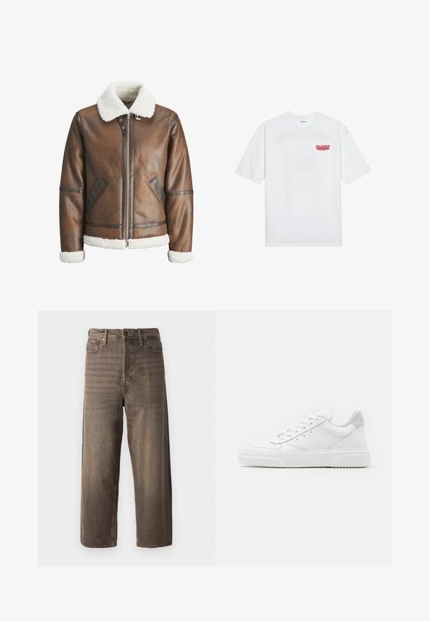 Braune Lederbomberjacke mit einem weißen Lammfellkragen und -manschetten, mit einem Reißverschluss und Seitentaschen. Akzentuiert mit Lederbesätzen.; Weißes Baumwoll-T-Shirt mit kurzen Ärmeln, Rundhalsausschnitt und einem roten grafischen Text "LECKERER ERFRISCHENDER FRUCHT" auf der Vorderseite.; Braune weit geschnittene Jeans aus Denim. Mit Reißverschluss, Gürtelschlaufen und fünf Taschen. Der Stoff hat eine verblasste, strukturierte Optik.; Weiße Leder-Sneaker mit glatter Oberfläche, rundem Zehenbereich, flachen Schnürsenkeln und strukturiertem Schuhsohlen. Graues Wildleder-Detail an der Ferse.