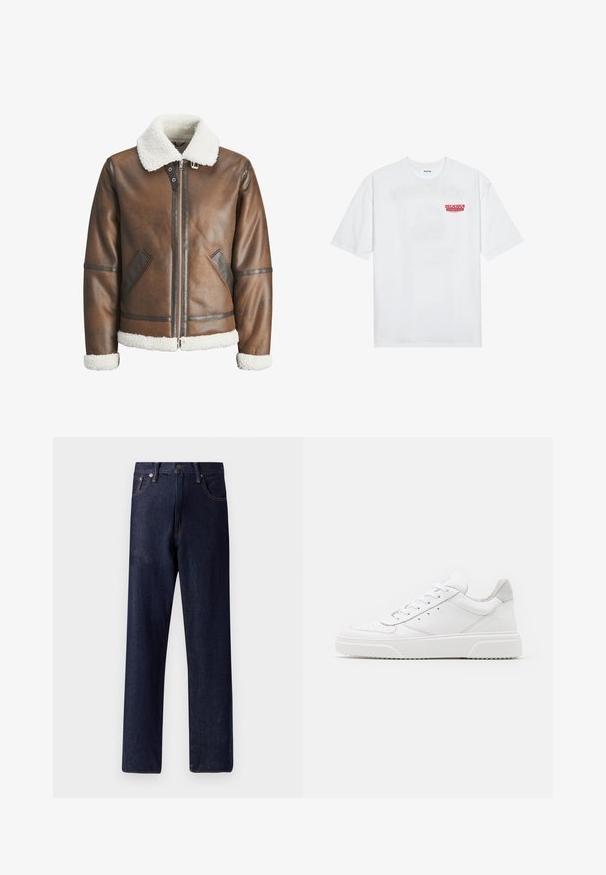 Braon kožni bomber jakna s bijelim krznom od ovce na ovratniku i manžetama, s patentnim zatvaračem i bočnim džepovima. Ukrašena kožnim detaljima.; Bijela pamučna majica kratkih rukava s okruglim izrezom, s crvenim grafičkim natpisom "UKUSNO OSVJEŽAVAJUĆE VOĆE" sprijeda.; Tamno plave traperice s ravnim nogavicama, pet džepova i suptilnim detaljima šivanja. Srednji struk s metalnim gumbom i zatvaračem.; Bijele kožne tenisice s glatkom površinom, okruglim vrhom, ravnim vezicama i strukturiranom potplatom. Sivi antilop naglasak na peti.