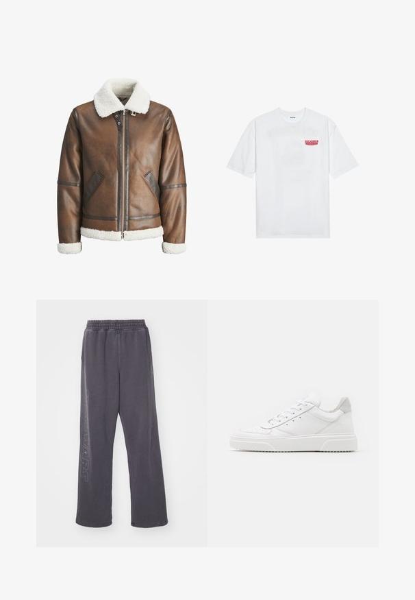 Jaqueta bomber de couro castanho com um colarinho e punhos de lã branca, apresentando fecho de zip e bolsos laterais. Acentuada com detalhes em couro.; T-shirt branca de algodão com mangas curtas, decote redondo e um gráfico vermelho com o texto "FRUTA DELICIOSA E REFRESCANTE" na frente.; Calças de moletom cinzentas em algodão com um corte solto, cintura elástica e gráfico "STAR WARS" ao longo da perna esquerda. Apresenta uma textura suave.; Ténis brancos em pele com acabamento suave, biqueira arredondada, atacadores planos e sola texturizada. Acento em camurça cinza na parte do calcanhar.