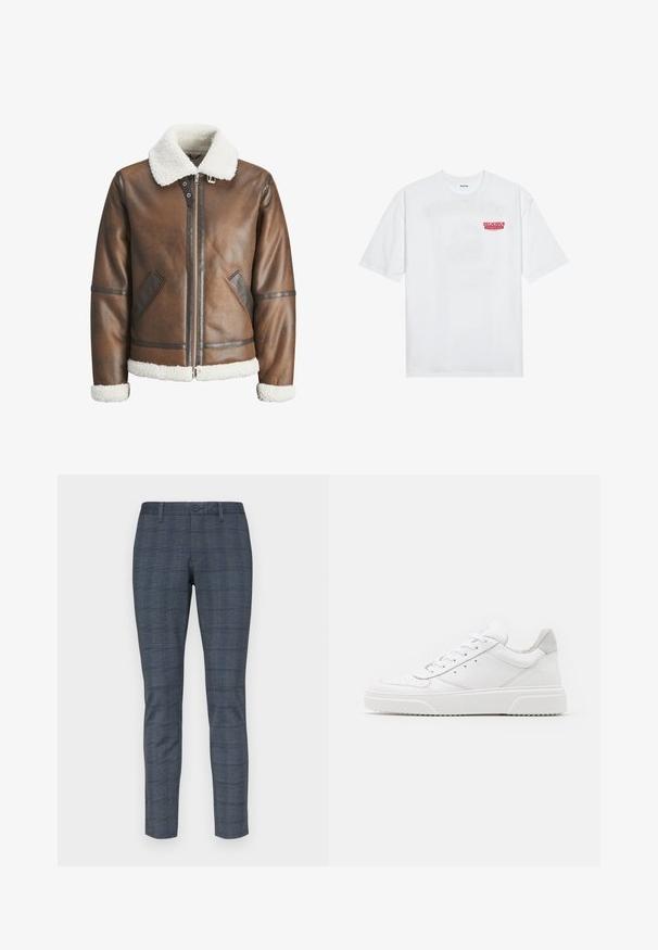 Brown leather bomber jacket with a white shearling collar and cuffs, featuring zip closure and side pockets. Accented with leather trim.; White cotton t-shirt featuring short sleeves, crew neck, and a red graphic text "DELICIOUS REFRESHING FRUIT" on the front.; Slim-fit trousers in a dark blue plaid pattern, featuring a flat front, button closure, and side pockets. Tailored design with smooth texture.; White leather sneakers with a smooth finish, rounded toe, flat laces, and a textured sole. Grey suede accent at the heel.