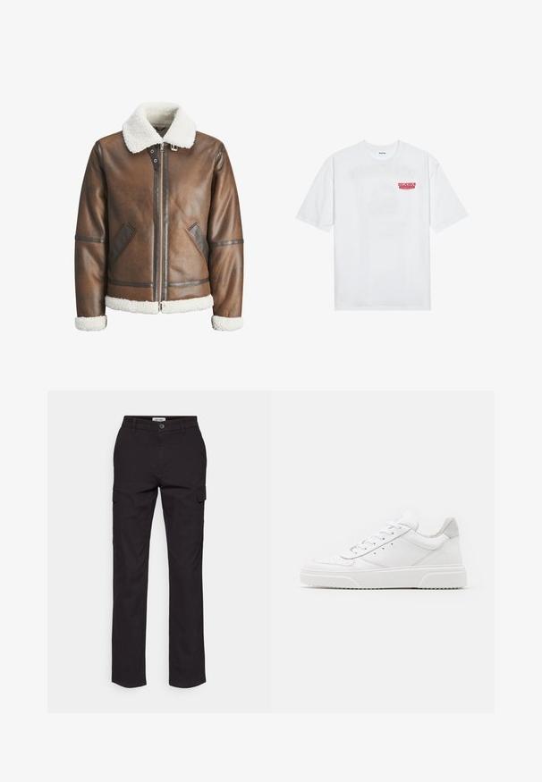 Brun læderbomberjakke med en hvid skindkrave og manchetter, udstyret med lynlåslukning og sidelommer. Pyntet med læderkant.; Hvid bomulds t-shirt med korte ærmer, rund hals og rød grafisk tekst "DELICIOUS REFRESHING FRUIT" på forsiden.; Sorte cargo-bukser med lige ben-design, der har sidelommer, en knaplukning og et robust bomuldsblandingsmateriale.; Hvide lædersneakers med en glat finish, rund tå, flade snørebånd og en struktureret sål. Grå ruskindsdetalje ved hælen.
