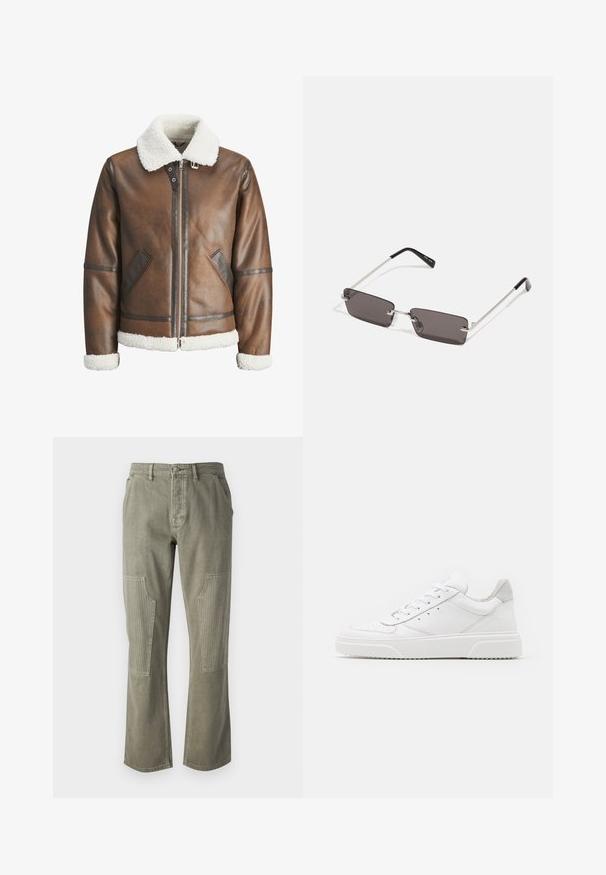 Brown leather bomber jacket with a white shearling collar and cuffs, featuring zip closure and side pockets. Accented with leather trim.; White cotton t-shirt featuring short sleeves, crew neck, and a red graphic text "DELICIOUS REFRESHING FRUIT" on the front.; Olive green pants made of cotton with a straight-leg design, featuring ribbed accents on patch pockets and contrasting stitching.; White leather sneakers with a smooth finish, rounded toe, flat laces, and a textured sole. Grey suede accent at the heel.; Sunglasses with rectangular, dark grey lenses, silver metal frames, and black plastic tips on the arms. Lightweight design with nose pads.