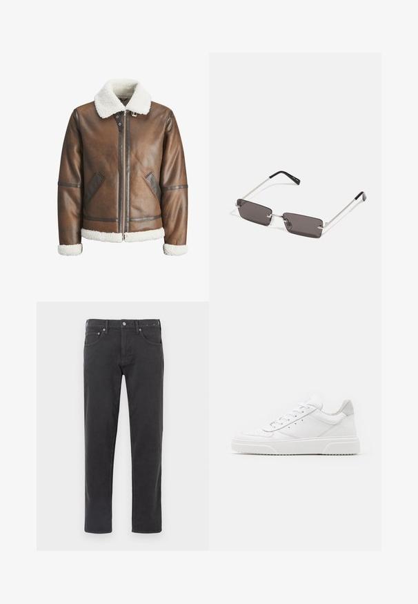 Pruun nahk bomber-jakk valge kitsesoomuse krae ja mansettidega, millel on tõmblukk ja küljetaskud. Tootel on nahast äärised.; Valge puuvillane T-särk, millel on lühikesed varrukad, ümmargune kaelus ja esiküljel punane graafiline tekst "MAITSVA KONDISIOONIGA PUUVILI".; Mustad teksad sirge säärega disainiga, millel on nööp ja lukuga säär, viie tasku stiil ja diskreetsed õmblused.; Valged nahast spordijalatsid siledast nahast viimistlusega, ümarate varvastega, lamekestega ja tekstuuriga tallaga. Hall suede aktsent kanna juures.; Kübarid, millel on ristkülikukujulised, tumedhalli värvi läätsed, hõbedased metallraamid ja mustad plastotsad käeotsades. Kerge disain koos nina padjadega.