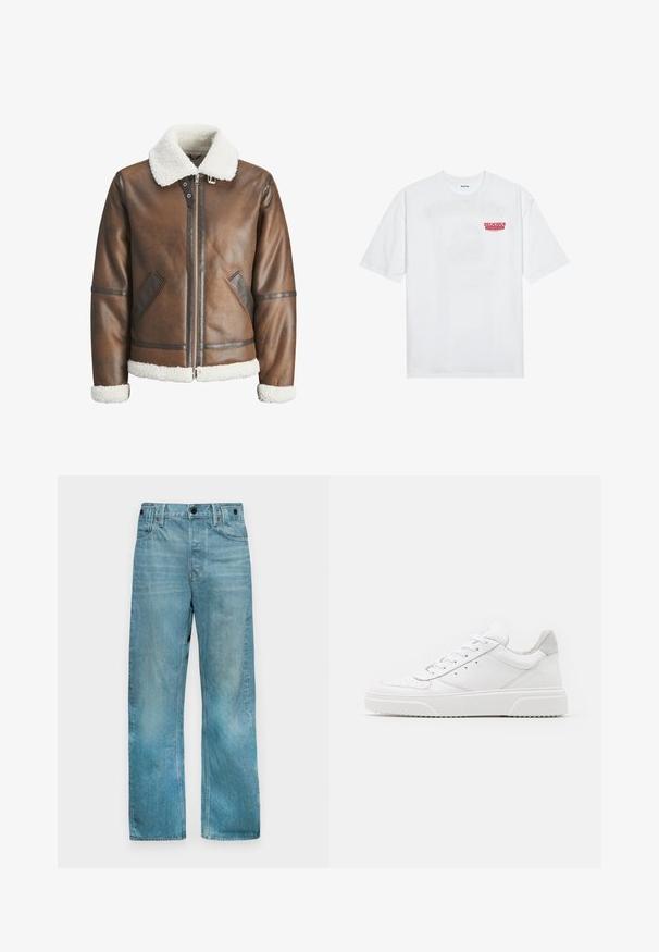 Rjav usnjeni bomberski jopič z belim ovčjim krznom na ovratniku in manšetah, z zadrgo in stranskima žepoma. Okrašen z usnjenimi detajli.; Bela bomba majica iz bombaža z kratkimi rokavi, krožno ovratnikom in rdečim grafičnim besedilom "OKUSNO OSVEŽILNO SADJE" na sprednji strani.; Svijetloplave traperice ravnog kroja s teksturiranim finišem, pet džepova i prednjim kopčanjem na dugme.; Bele usnjene športne copate z gladkim zaključkom, okroglo konico, ravnimi vezalkami in teksturiranim podplatom. Sivi semiš detajl na peti.