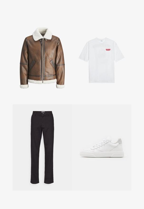 Braune Lederbomberjacke mit einem weißen Lammfellkragen und -manschetten, mit einem Reißverschluss und Seitentaschen. Akzentuiert mit Lederbesätzen.; Weißes Baumwoll-T-Shirt mit kurzen Ärmeln, Rundhalsausschnitt und einem roten grafischen Text "LECKERER ERFRISCHENDER FRUCHT" auf der Vorderseite.; Schwarze Baumwollhose mit geradem Bein, ausgestattet mit einem vorderen Knopfverschluss und seitlichen Taschen. Glatte Textur und minimale Details.; Weiße Leder-Sneaker mit glatter Oberfläche, rundem Zehenbereich, flachen Schnürsenkeln und strukturiertem Schuhsohlen. Graues Wildleder-Detail an der Ferse.