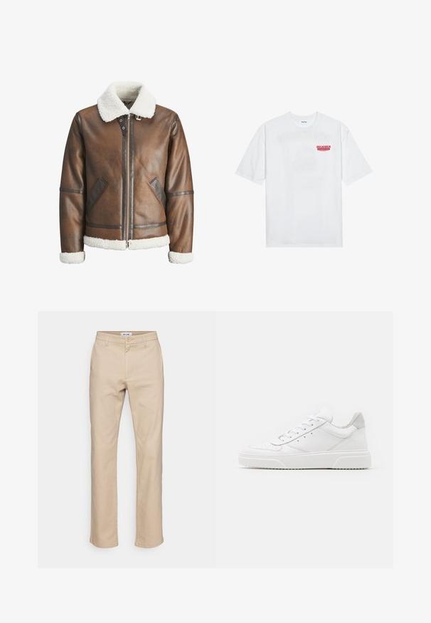 Brown leather bomber jacket with a white shearling collar and cuffs, featuring zip closure and side pockets. Accented with leather trim.; White cotton t-shirt featuring short sleeves, crew neck, and a red graphic text "DELICIOUS REFRESHING FRUIT" on the front.; Beige cotton trousers with a straight leg design, featuring a button closure, belt loops, and side pockets. Smooth texture.; White leather sneakers with a smooth finish, rounded toe, flat laces, and a textured sole. Grey suede accent at the heel.