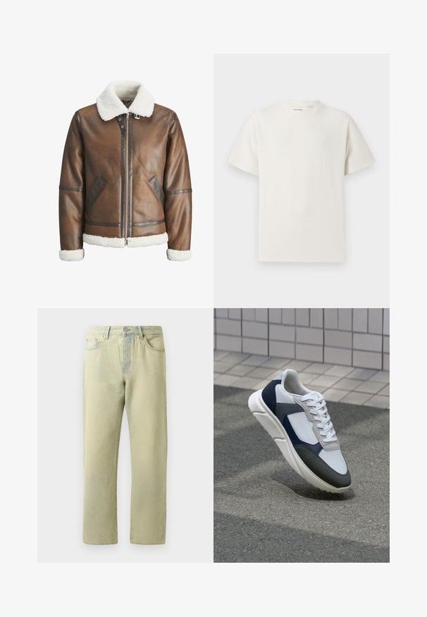 Brun skinn bomberjakke med hvit shearlingkrage og mansjetter, med glidelås foran og sidelommer. Akzentert med skinnkanter.; Hvit T-skjorte med kort erm i ribbestrikket tekstur. Rund hals, avslappet passform, ingen synlige mønstre eller detaljer. Enkelt og allsidig design.; Lys gule denimjeans med rett ben-design, fem lommer og subtil falming. Har en metallknapp-lukking og beltehemper.; Hvitt, marineblått og grått sportsko med en blandet materialdesign, som har en teksturert overdel, flate snørebånd og en polstret såle.