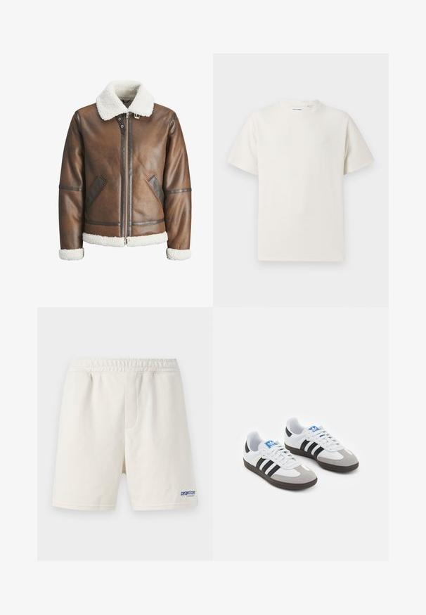 Veste bombardier en cuir marron avec un col et des poignets en shearling blanc, équipée d'une fermeture éclair et de poches latérales. Accentuée de garnitures en cuir.; T-shirt blanc à manches courtes en texture côtelée. Encolure ronde, coupe décontractée, sans motifs ni accents visibles. Design simple et polyvalent.; Shorts de couleur crème en mélange de coton doux, dotés d'une taille élastique et d'un logo bleu en bas à gauche.; Baskets avec une tige en cuir blanc, un bout en daim gris et trois bandes noires. Présente un logo bleu sur la languette et une semelle en caoutchouc texturée.