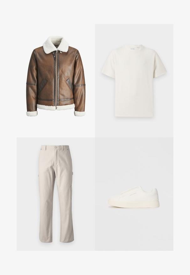 Chaqueta bomber de cuero marrón con un cuello y puños de borreguito blanco, con cierre de cremallera y bolsillos laterales. Acabada con detalles de cuero.; Camiseta blanca de manga corta en textura acanalada. Cuello redondo, corte relajado, sin patrones ni acentos visibles. Diseño simple y versátil.; Pantalones de cargo beige hechos de algodón resistente con piernas rectas, cierre frontal con botón y bolsillos laterales para mayor utilidad. Textura suave con costuras sutiles.; Zapatillas blancas tipo slip-on con una superficie texturizada, suela gruesa y diseño minimalista. Presenta el logo de la marca en un lado.