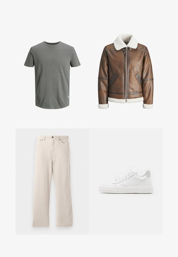Chaqueta bomber de cuero marrón con un cuello y puños de borreguito blanco, con cierre de cremallera y bolsillos laterales. Acabada con detalles de cuero.; Jack & Jones JJENOA TEE CREW NECK - Camiseta básica - sedona sage; Pantalones de pana beige con corte recto, con textura acanalada, diseño de cinco bolsillos y cierre de botón.; Zapatillas de cuero blanca con un acabado suave, punta redondeada, cordones planos y una suela texturada. Acento de ante gris en el talón.