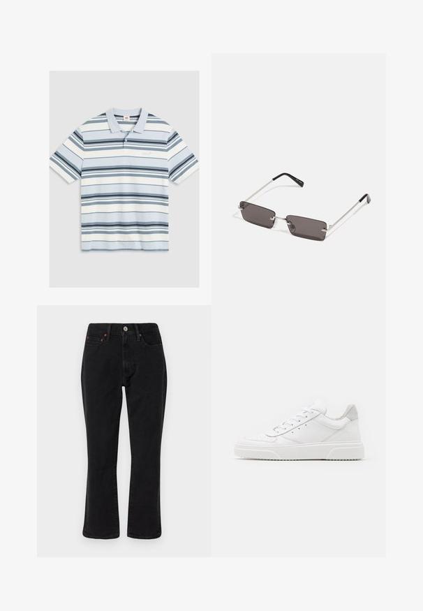 Ruskea nahkainen pommikonejacke, jossa on valkoinen keinonahka kaulus ja hihansuut, varustettu vetoketjukiinnityksellä ja sivutaskuilla. Korostettu nahkakaitaleilla.; Vaaleansininen poolopaita, jossa on vaakasuoria raitoja tummansinisessä, laivastonsinisessä ja valkoisessa. Varustettu kauluksella, lyhyillä hihoilla ja pienellä logolla rinnassa.; Musta farkkushortit, joissa on suora lahkeiden muotoilu, viisi taskua ja metalliset yksityiskohdat kupariakkenteilla. Tasainen pinta ja keskipitkä vyötärö.; Valkoiset nahkakengät, joissa on sileä pinta, pyöreä kärki, litteät nauhat ja teksturoitu pohja. Harmaa mokkanahka korostaa kantapäätä.; Aurinkolasit, joissa on suorakulmaiset, tummanharmaat linssit, hopeiset metallikehykset ja mustat muoviset päät. Kevyt muotoilu nenätyynyillä.