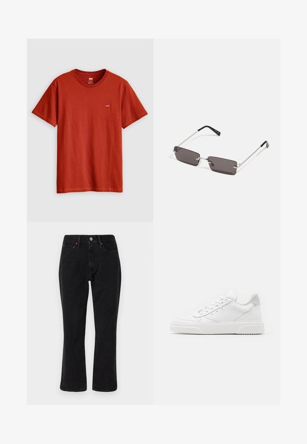 Brun skinn bomberjakke med hvit shearlingkrage og mansjetter, med glidelås foran og sidelommer. Akzentert med skinnkanter.; Rød bomulls-T-skjorte med rund hals. Har korte ermer og en liten Levi's-logo på venstre bryst. Jevn tekstur.; Svarte denimjeans med rette ben, fem lommer, og metallhardware med kobberdetaljer. Glatt tekstur og middelhøy livhøyde.; Hvite skinnsko med en glat overflate, rund tå, flate lisser og teksturert såle. Grå semsket innfelt ved hælen.; Solbriller med rektangulære, mørkegrå linser, sølvfargede metallrammer og svarte plasttupper på armene. Lett design med nesepuder.