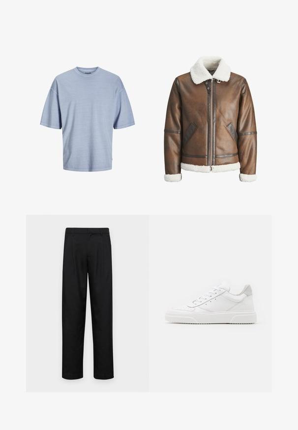 Braon kožni bomber jakna s bijelim krznom od ovce na ovratniku i manžetama, s patentnim zatvaračem i bočnim džepovima. Ukrašena kožnim detaljima.; Svijetloplava majica s kratkim rukavima od mekog materijala. Ima okrugli izrez i opušteni kroj s šivenim rubovima. Jednostavan dizajn, bez uzoraka.; Crne hlače od glatkog materijala, s dizajnom ravnih nogavica, dva prednja nabora i standardnim pojasom s petljama za remen.; Bijele kožne tenisice s glatkom površinom, okruglim vrhom, ravnim vezicama i strukturiranom potplatom. Sivi antilop naglasak na peti.