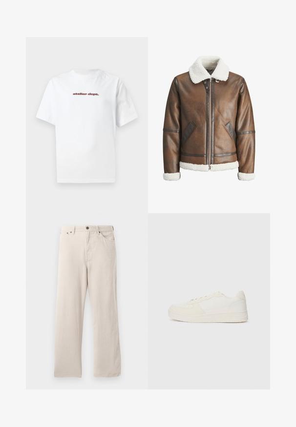 Braune Lederbomberjacke mit einem weißen Lammfellkragen und -manschetten, mit einem Reißverschluss und Seitentaschen. Akzentuiert mit Lederbesätzen.; Weißes Baumwoll-T-Shirt mit kurzen Ärmeln und Rundhalsausschnitt, mit rotem Text "atelier dept." auf der Vorderseite bedruckt. Einfaches Design.; Beige Corduroyhosen mit geradem Schnitt, gerippter Textur, Fünf-Taschen-Design und Knopfverschluss.; Weiße Sneaker mit einem Obermaterial aus glattem Leder und Wildlederakzenten. Sie verfügen über eine perforierte Zehenpartie, flache Schnürsenkel und eine Gummisohle mit strukturierten Details.