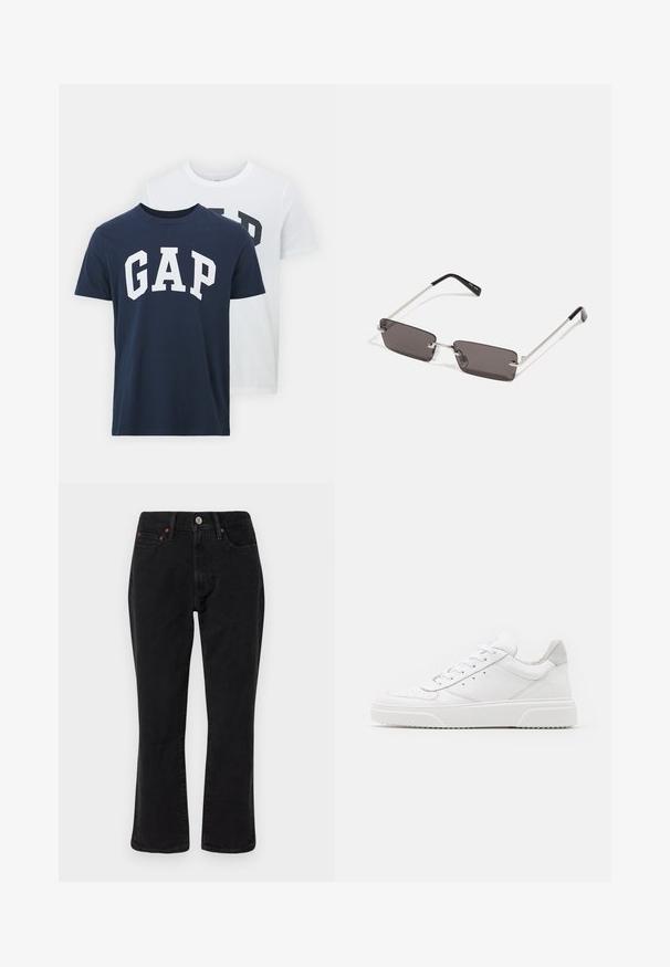 Brown leather bomber jacket with a white shearling collar and cuffs, featuring zip closure and side pockets. Accented with leather trim.; Two t-shirts from GAP; one navy blue with white "GAP" logo, the other white with dark green "GAP" logo. Made of cotton, crew neck design.; Black denim jeans featuring a straight leg design, five-pocket style, and metal hardware with copper accents. Smooth texture and medium rise.; White leather sneakers with a smooth finish, rounded toe, flat laces, and a textured sole. Grey suede accent at the heel.; Sunglasses with rectangular, dark grey lenses, silver metal frames, and black plastic tips on the arms. Lightweight design with nose pads.