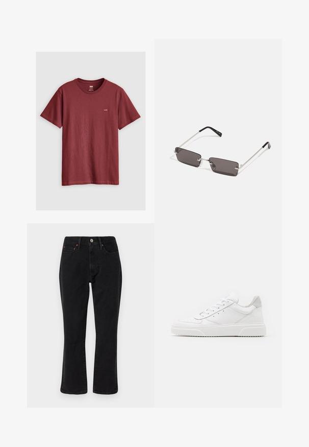 Bruine leren bomberjack met een witte schapenvacht kraag en manchetten, met ritssluiting en zijzakken. Aangevuld met leren afgewerkte details.; Bordeaux kortemouwen t-shirt van katoen; heeft een ronde halslijn en een klein logo-label op de linkerborst. Gladde textuur.; Zwarte denim jeans met een rechte pasvorm, vijf zakken en metalen hardware met koperen accenten. Gladde textuur en een gemiddelde taillehoogte.; Witte leren sneakers met een gladde afwerking, ronde neus, platte veters en een gestructureerde zool. Grijze suède accent bij de hiel.; Zonnebril met rechthoekige, donkergrijze lenzen, zilveren metalen frames en zwarte kunststof uiteinden op de armen. Lichtgewicht ontwerp met neuspads.