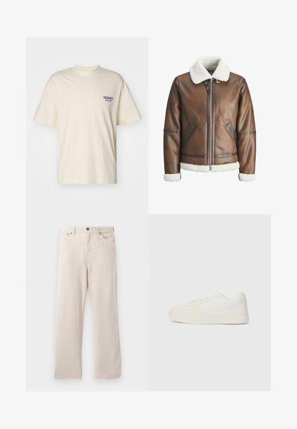 Veste bombardier en cuir marron avec un col et des poignets en shearling blanc, équipée d'une fermeture éclair et de poches latérales. Accentuée de garnitures en cuir.; T-shirt à manches courtes de couleur crème en coton. Présente un petit logo bleu "ORIGINALS" sur la poitrine gauche. Coupe classique et col ras du cou.; Pantalon droit en velours beige, avec une texture côtelée, un design à cinq poches et une fermeture à boutons.; Baskets blanches avec un dessus en cuir lisse et des accents en daim. Elles disposent d'un bout perforé, de lacets plats et d'une semelle en caoutchouc avec des détails texturés.