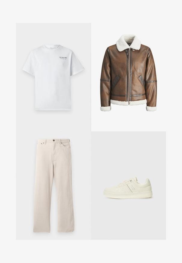 Barna bőr bombázó dzseki fehér báránybőr gallérral és mandzsettával, cipzáras záródással és oldalsó zsebekkel. Bőrkivágással kiemelve.; Fehér pamut póló rövid ujjal, kerek nyakkivágással, amelyen egy kis fekete szöveges logó található: "J&J since 1990 Society Club" a mellrészen.; Beige kordbársony nadrág egyenes szabással, bordázott textúrával, öt zsebes kialakítással és gombos záródással.; Krém színű sneaker perforált részletekkel, fűzőkkel és logóval az oldalán, egy sima fehér háttér előtt kiállítva.