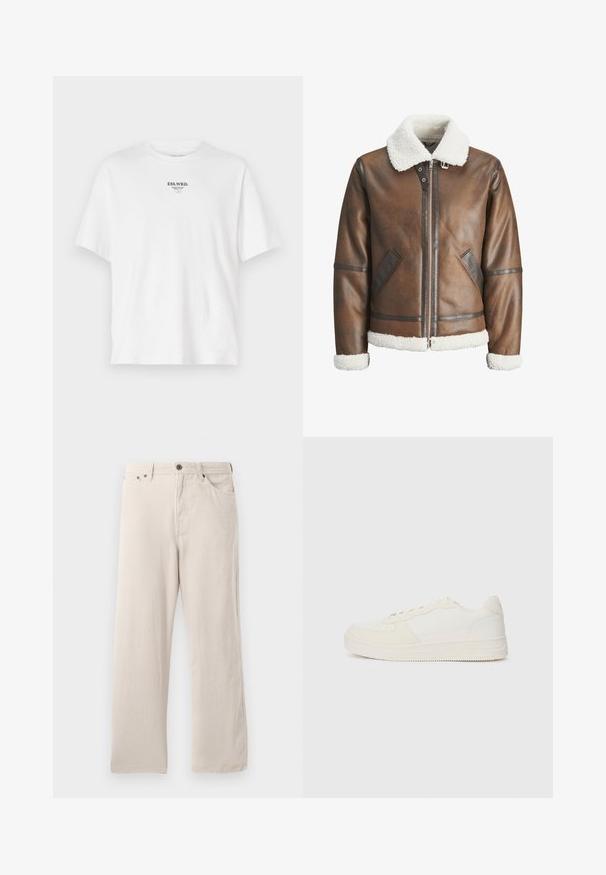 Brown leather bomber jacket with a white shearling collar and cuffs, featuring zip closure and side pockets. Accented with leather trim.; White cotton t-shirt with a crew neckline, short sleeves, and a printed logo reading "ESS.WRD." on the chest, minimal design.; Beige corduroy pants with a straight cut, featuring a ribbed texture, five-pocket design, and a button-fly closure.; White sneaker with a smooth leather upper and suede accents. Features a perforated toe, flat laces, and a rubber sole with textured detailing.