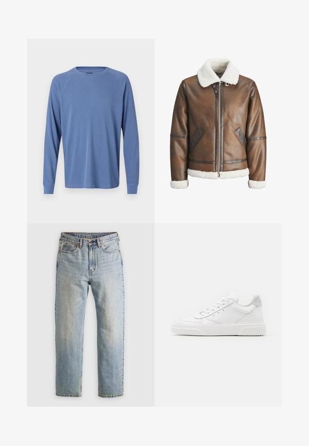 Braune Lederbomberjacke mit einem weißen Lammfellkragen und -manschetten, mit einem Reißverschluss und Seitentaschen. Akzentuiert mit Lederbesätzen.; Langärmliges, Rundhals-Shirt in Hellblau, mit strukturiertem Rippdesign und Raglanärmeln mit schmalen Bündchen.; Helle blaue Jeans mit hoher Taille, Frontknopf, Reißverschluss und fünf Taschen-Design, flach auf einem neutralen Hintergrund ausgelegt.; Weiße Leder-Sneaker mit glatter Oberfläche, rundem Zehenbereich, flachen Schnürsenkeln und strukturiertem Schuhsohlen. Graues Wildleder-Detail an der Ferse.