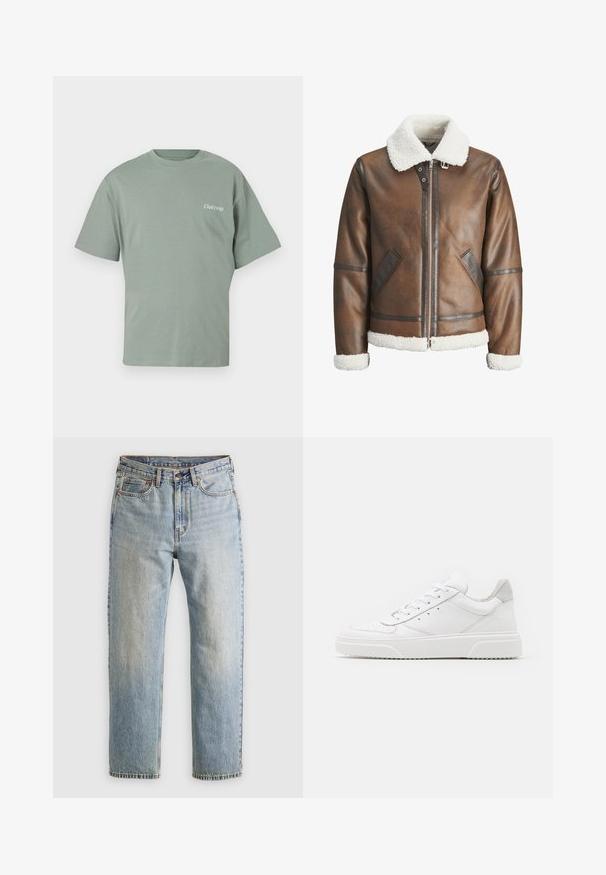 Pruun nahk bomber-jakk valge kitsesoomuse krae ja mansettidega, millel on tõmblukk ja küljetaskud. Tootel on nahast äärised.; Müntroheline puuvillane T-särk ümmarguse kaelusega, lühikeste varrukatega ja väikese "Club1990" printiga vasakul rinnal.; Heledad hele sinine teksapükste kõrge vöökoht, ees nupuga, lukuga ja viie taskuga disain, asetatud tasasele neutraalsele taustale.; Valged nahast spordijalatsid siledast nahast viimistlusega, ümarate varvastega, lamekestega ja tekstuuriga tallaga. Hall suede aktsent kanna juures.