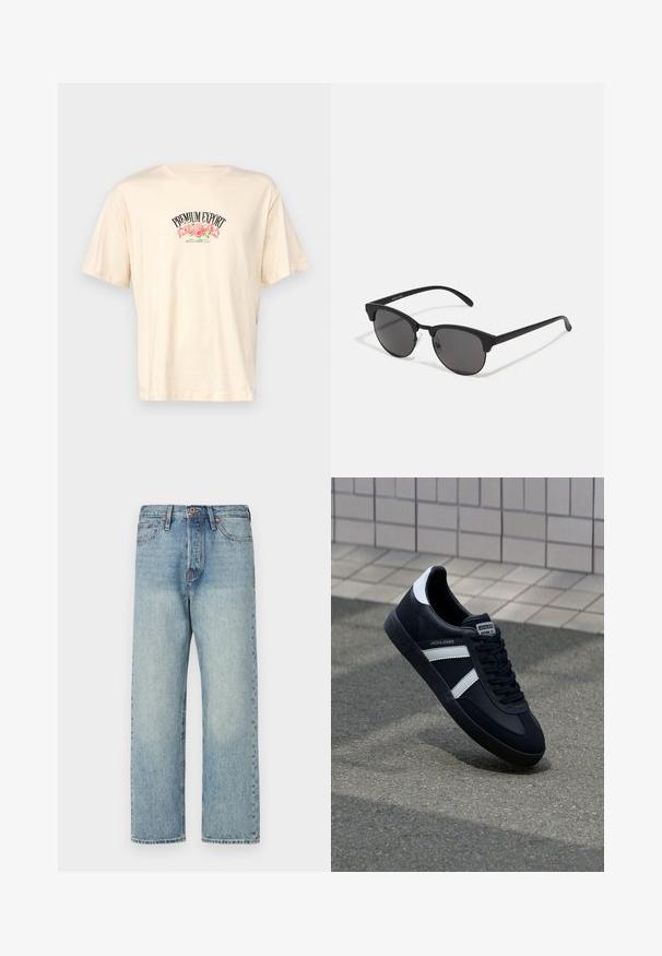 Hnědá kožená bomber bunda s bílým beránkovým límcem a manžetami, s zipovým zapínáním a bočními kapsami. Ozdobena koženými detaily.; Jack & Jones JORHEAVEN TEE CREW NECK - Triko s potiskem - buttercream; Světle modré džíny z denimu se střihem rovné nohavice, pěti kapsami a bronzovými prvky. Minimální vyblednutí s čistým dokončením.; Černé kožené tenisky s bílými pruhy, texturovanou gumovou podrážkou a šněrováním vpředu. Obsahují značenou etiketu na jazyku.; Černé sluneční brýle s kulatými skly, matným povrchem a charakteristickým tvarovým kočičím okem. Úzké nožičky s nenápadným logem na levém rámu.