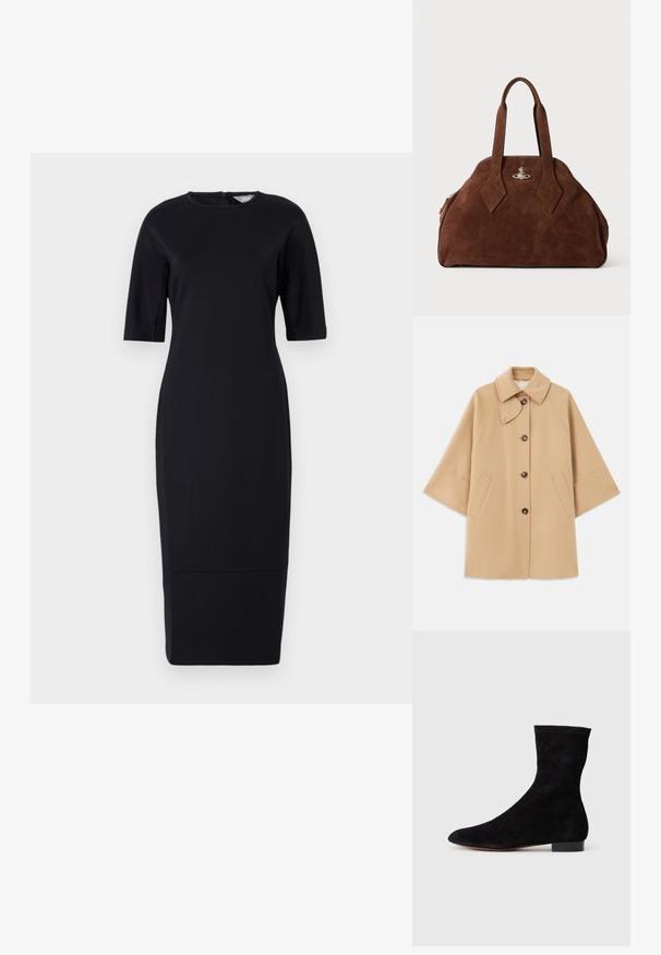Beige Wollmischungsjacke mit klassischem Kragen, durchgehender Knopfleiste und Seitentaschen; verfügt über Raglanärmel und ein sauberes, strukturiertes Design.; Schwarzes, figurbetontes, knielanges Kleid mit kurzen Ärmeln, rundem Ausschnitt und einem Rückenreißverschluss. Glatte Stoff mit einem dezenten Glanz.; Schwarze Wildleder-Ankelboots mit einem enganliegenden Schaft, spitzer Zehenform und niedrigem Blockabsatz. Glatte Textur und minimalistisches Design, geeignet für vielseitige Styles.; Braune Wildleder-Handtasche mit strukturiertem Design, abgerundeter Form und länglichen, diamantförmigen Griffen. Mit einem silbernen Metallverschluss ausgestattet.