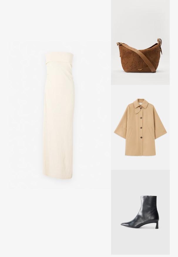 Šviesiai rudas vilnos mišinys paltas su klasikiniu apykakle, priekyje mygtukais užsegamas, ir šoninėmis kišenėmis; turi raglan tipo rankoves ir švarų, struktūrizuotą dizainą.; CLOSED BANDEAU DRESS - Sarafanas - off white; Juodas odinis kulkšninis batas su smailiu pirštu ir elegantišku dizainu. Turi žemą kulną ir užtrauktuką gale. Lygi tekstūra.; Ruda suedes pečių rankinė su išsiuvinėtu gėlės dizainu, papildyta lygiu ruduo odos diržu ir auksinės spalvos detalėmis.